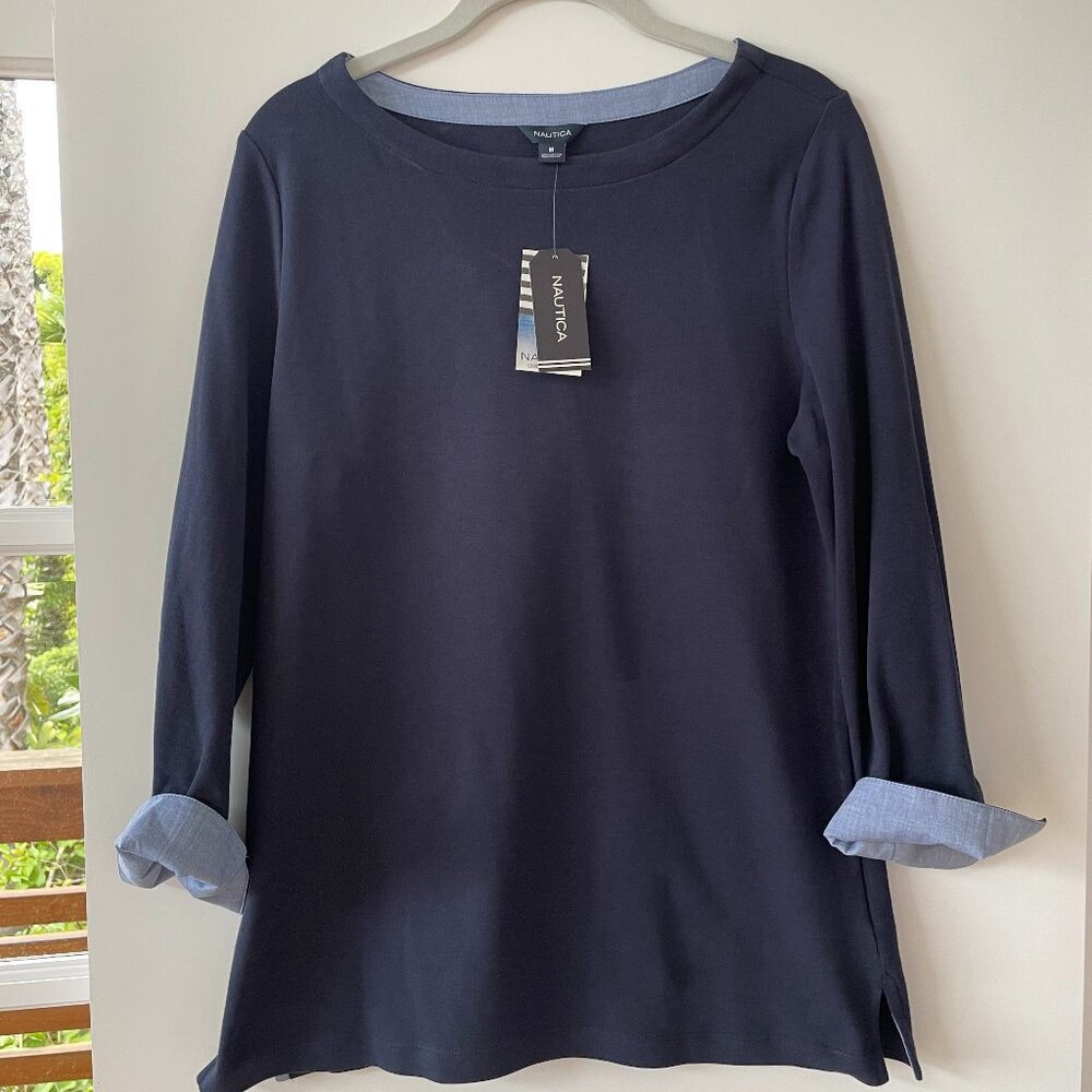 Nautica  Navy Top with‎ Chambray cuffed Sleeves, 3/4 Length, Size M,72790K, NWT